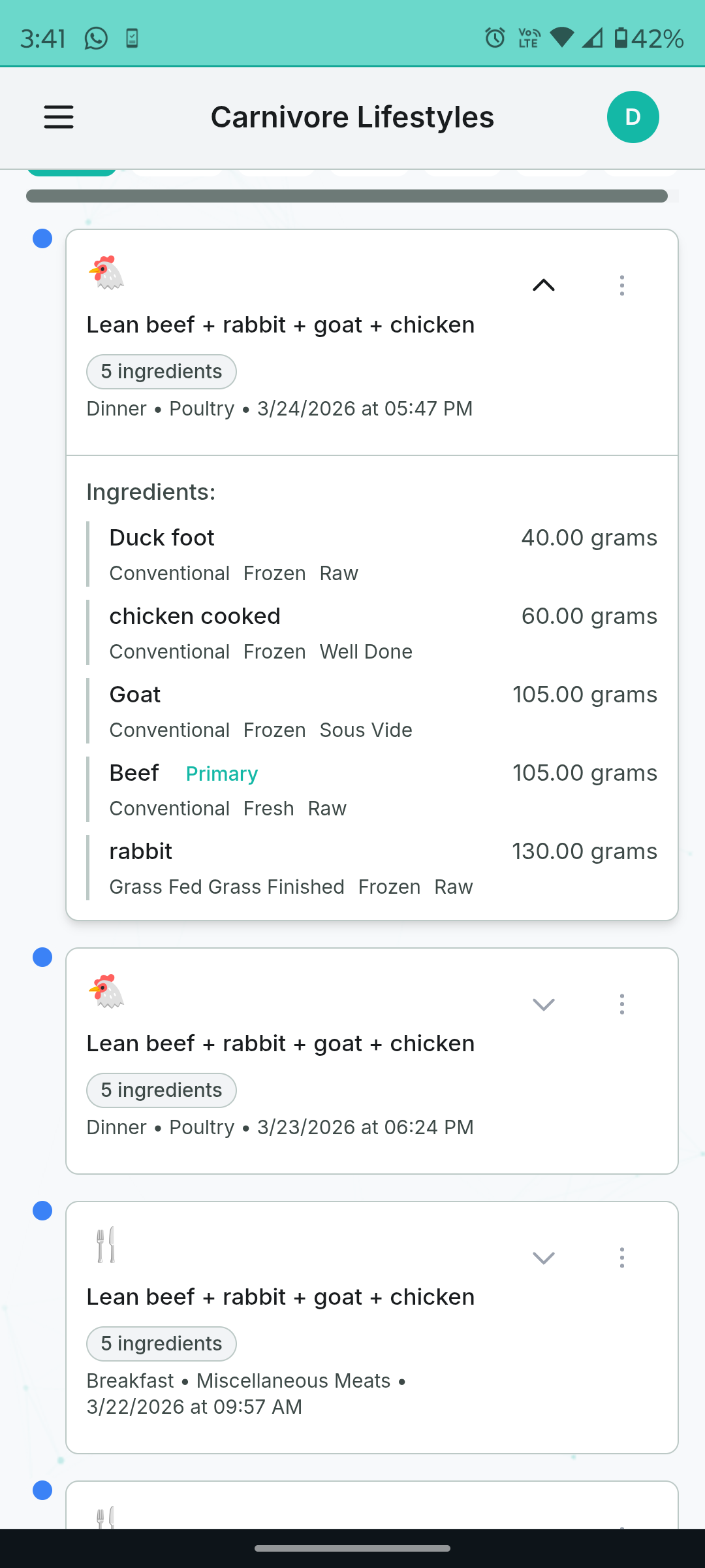 Detailed meal logging in light mode