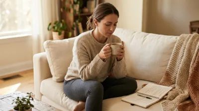 Woman in soft natural light at home with simple whole foods — the methodical work of tracking endometriosis food triggers